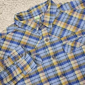 Stio Junction Midweight Flannel Shirt Mens L Blue Yellow Plaid Outdoors Casual
